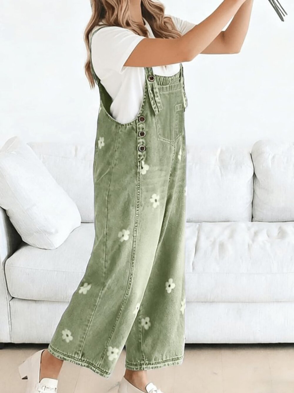 Mint Green Casual Women's Plants Button Loose Fit High Waist Long Denim Overall - Picture 4 of 5